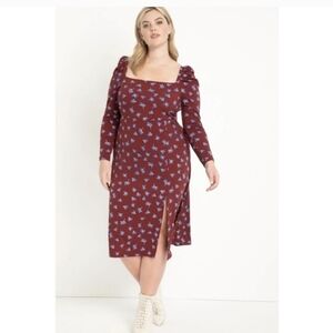 Eloquii Burgundy Floral Long Sleeve Midi Dress with Blue Print